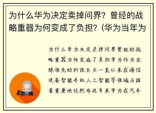 为什么华为决定卖掉问界？曾经的战略重器为何变成了负担？(华为当年为什么想卖掉)